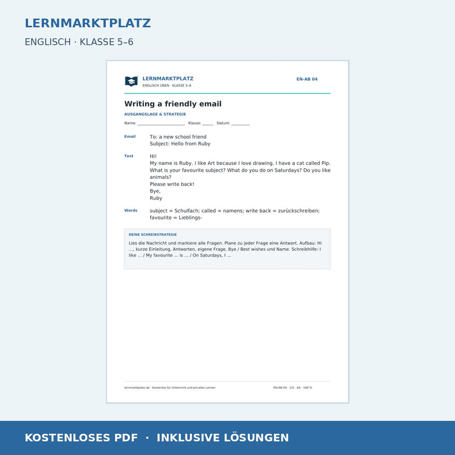 Englisch: Eine E-Mail schreiben – kostenloses Arbeitsblatt mit Lösungen (PDF)
