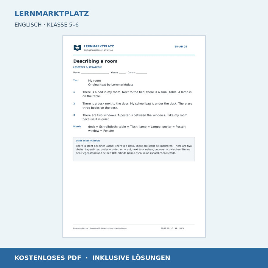 Englisch: Ein Zimmer beschreiben – kostenloses Arbeitsblatt mit Lösungen (PDF)