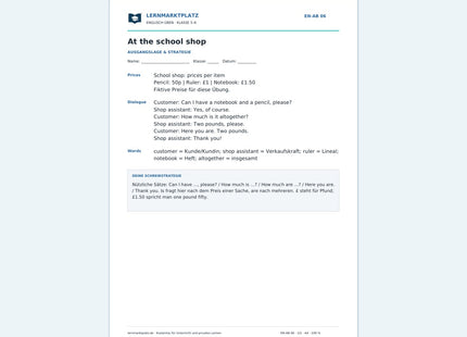 Englisch: Einkaufen auf Englisch – kostenloses Arbeitsblatt mit Lösungen (PDF)