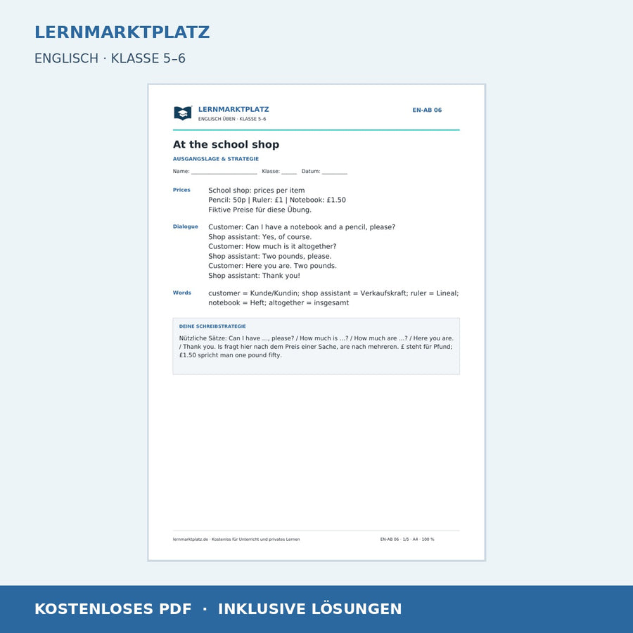 Englisch: Einkaufen auf Englisch – kostenloses Arbeitsblatt mit Lösungen (PDF)
