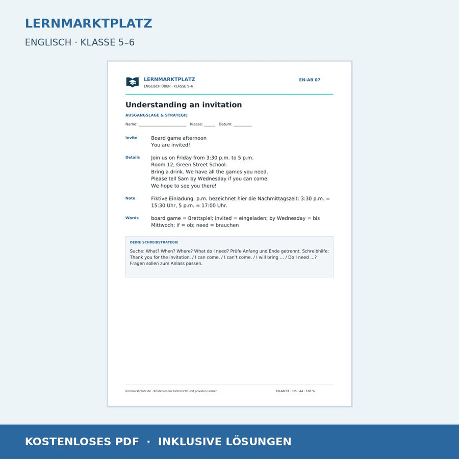 Englisch: Eine Einladung verstehen – kostenloses Arbeitsblatt mit Lösungen (PDF)
