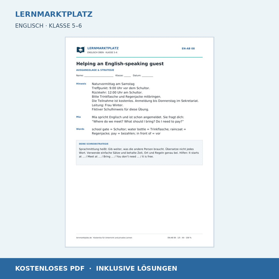 Englisch: Sprachmittlung Deutsch–Englisch – kostenloses Arbeitsblatt mit Lösungen (PDF)