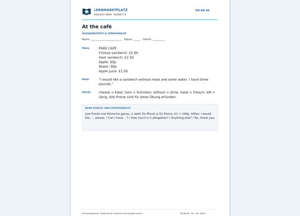 Englisch: Im Café bestellen – kostenloses Arbeitsblatt mit Lösungen (PDF)