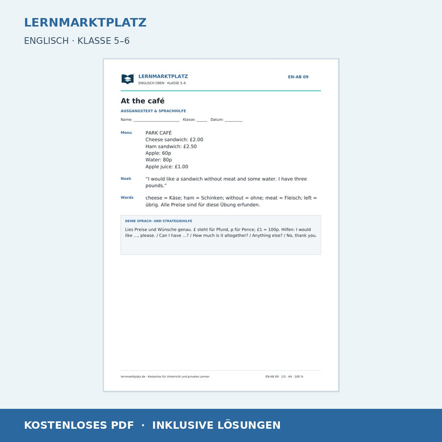 Englisch: Im Café bestellen – kostenloses Arbeitsblatt mit Lösungen (PDF)
