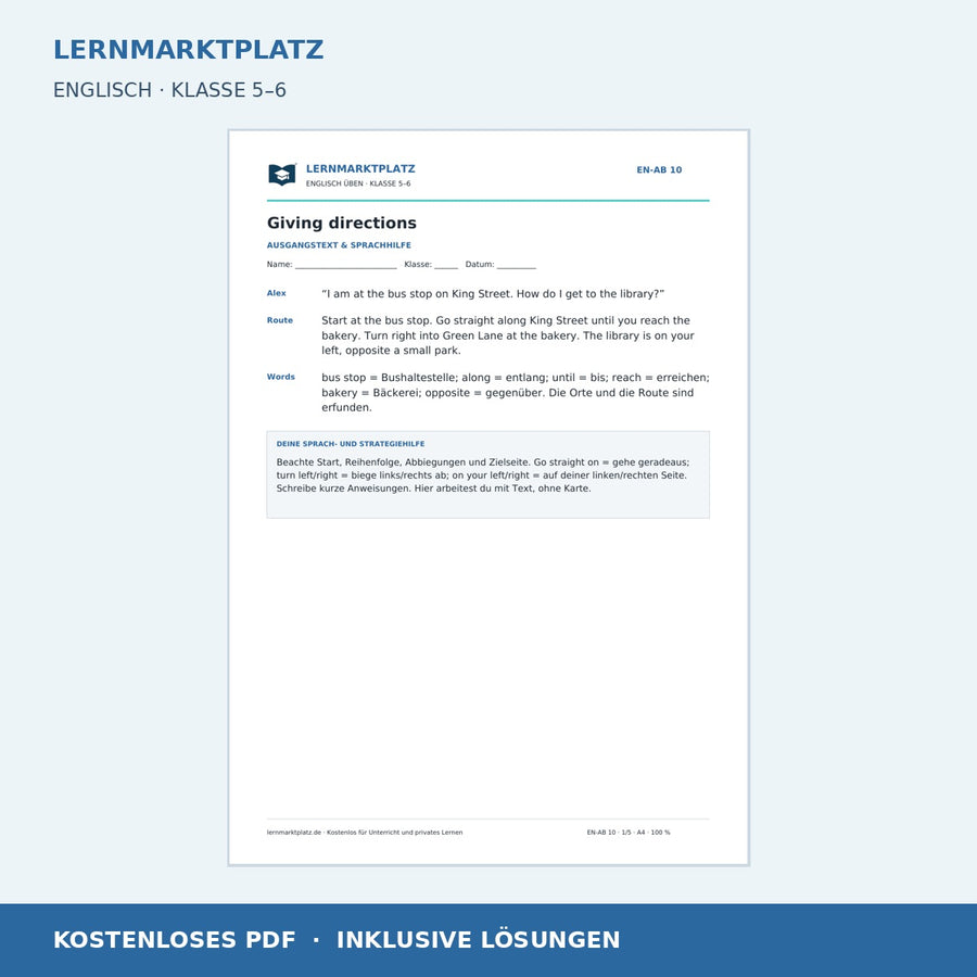 Englisch: Wegbeschreibungen verstehen und geben – kostenloses Arbeitsblatt mit Lösungen (PDF)