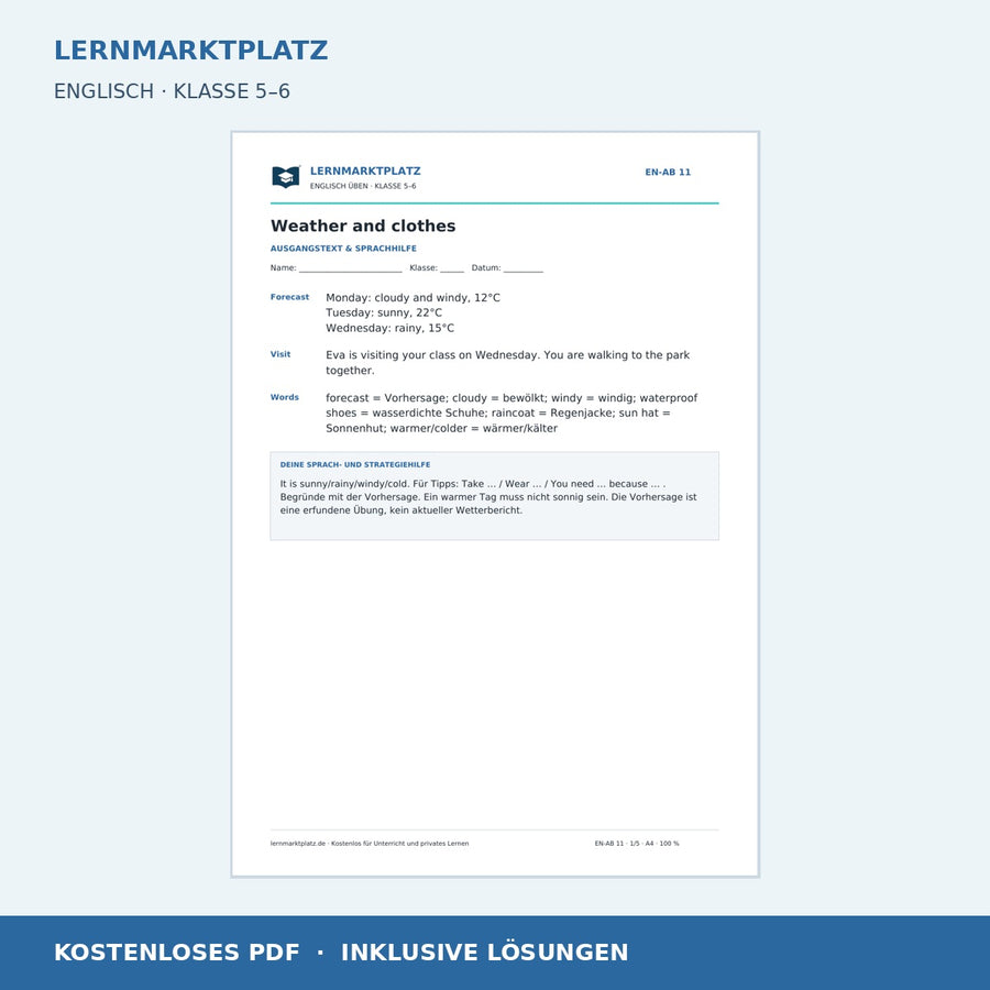 Englisch: Wetter und Kleidung – kostenloses Arbeitsblatt mit Lösungen (PDF)