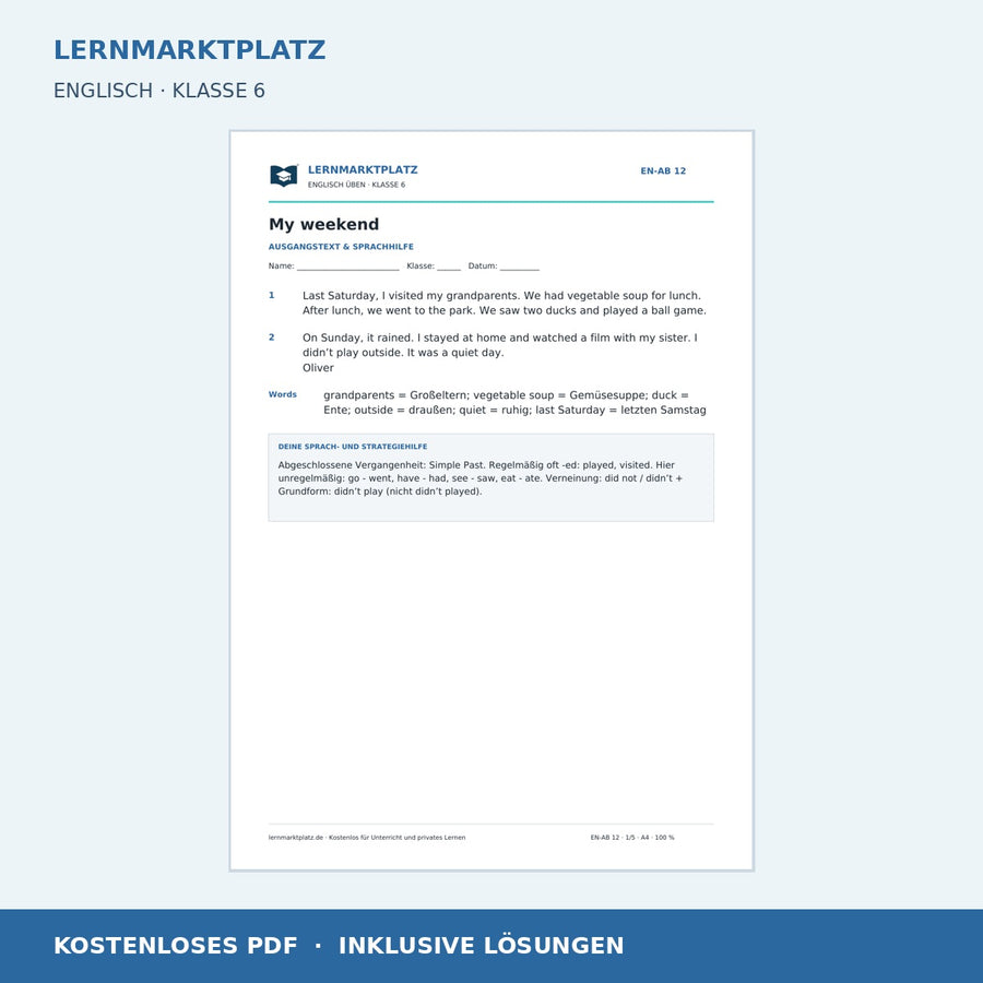 Englisch: Vom Wochenende erzählen – Simple Past – kostenloses Arbeitsblatt mit Lösungen (PDF)