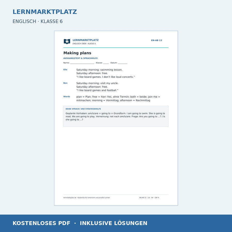 Englisch: Freizeitpläne mit going to – kostenloses Arbeitsblatt mit Lösungen (PDF)