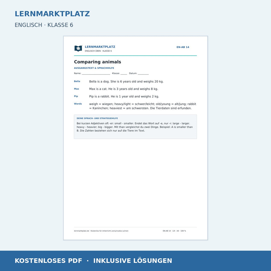 Englisch: Tiere vergleichen – Komparative – kostenloses Arbeitsblatt mit Lösungen (PDF)