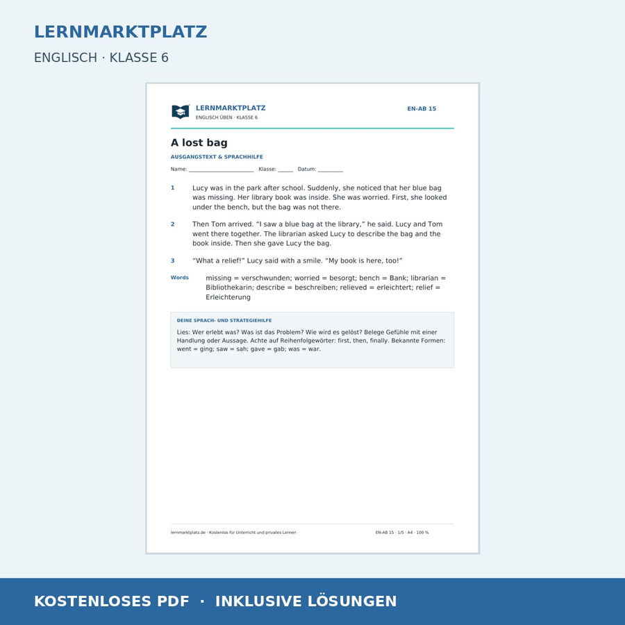 Englisch: Eine kurze Geschichte verstehen – kostenloses Arbeitsblatt mit Lösungen (PDF)