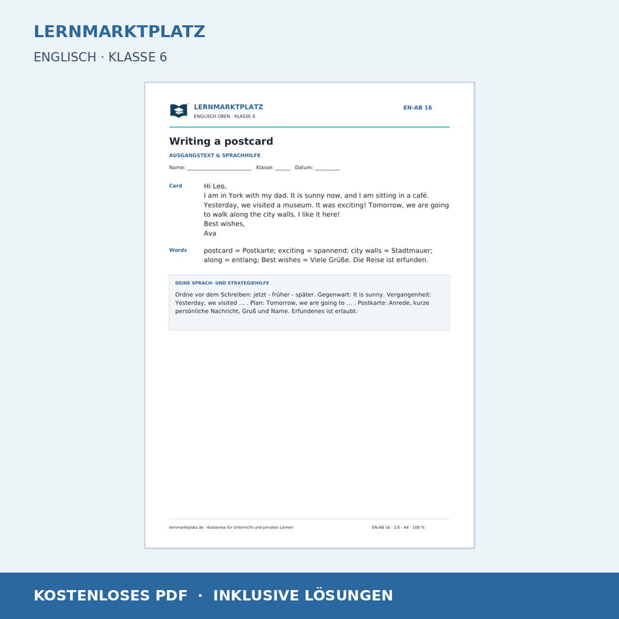 Englisch: Eine Postkarte schreiben – kostenloses Arbeitsblatt mit Lösungen (PDF)