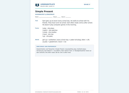 Englisch: Simple Present sicher anwenden – kostenloses Arbeitsblatt mit Lösungen (PDF)
