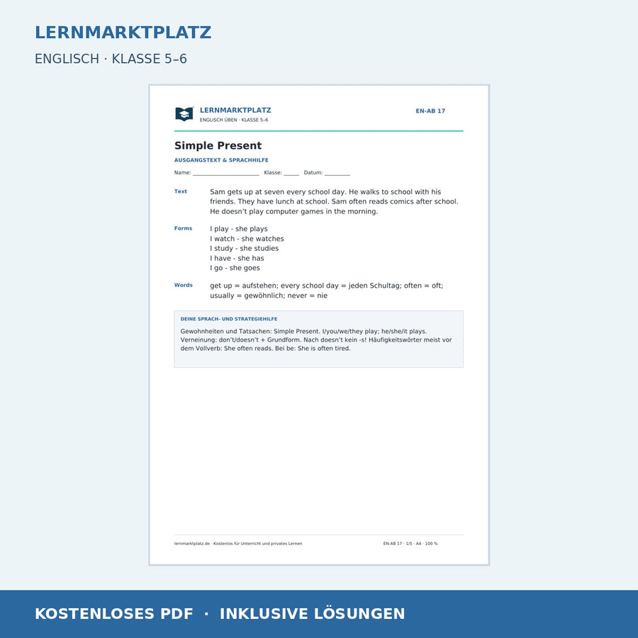 Englisch: Simple Present sicher anwenden – kostenloses Arbeitsblatt mit Lösungen (PDF)