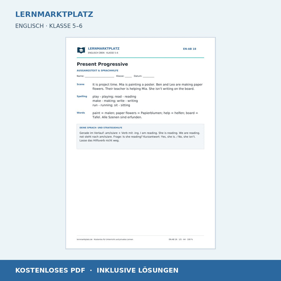 Englisch: Present Progressive üben – kostenloses Arbeitsblatt mit Lösungen (PDF)