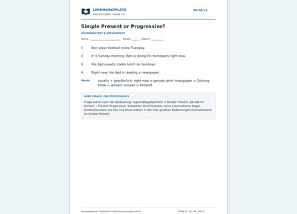 Englisch: Simple Present oder Present Progressive – kostenloses Arbeitsblatt mit Lösungen (PDF)