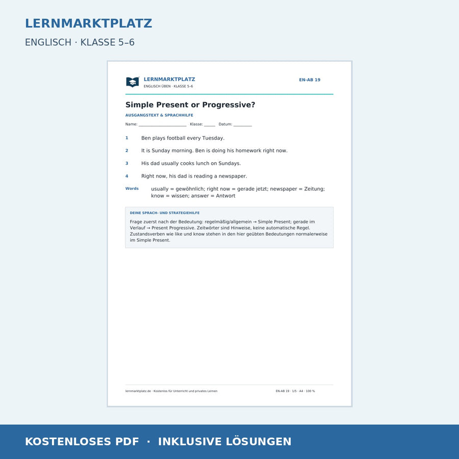 Englisch: Simple Present oder Present Progressive – kostenloses Arbeitsblatt mit Lösungen (PDF)