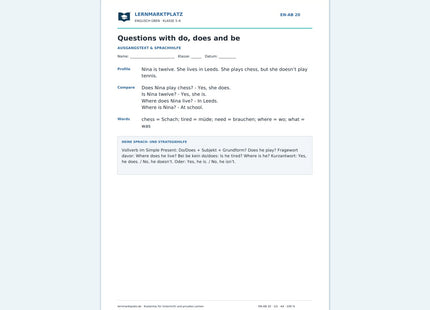 Englisch: Fragen mit do, does und be – kostenloses Arbeitsblatt mit Lösungen (PDF)