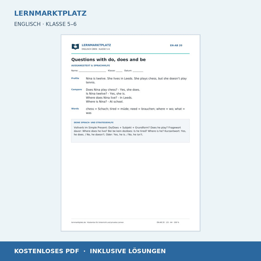 Englisch: Fragen mit do, does und be – kostenloses Arbeitsblatt mit Lösungen (PDF)