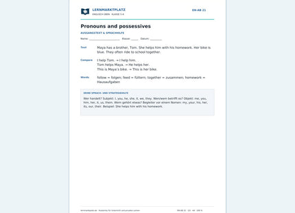 Englisch: Pronomen und Possessivbegleiter – kostenloses Arbeitsblatt mit Lösungen (PDF)
