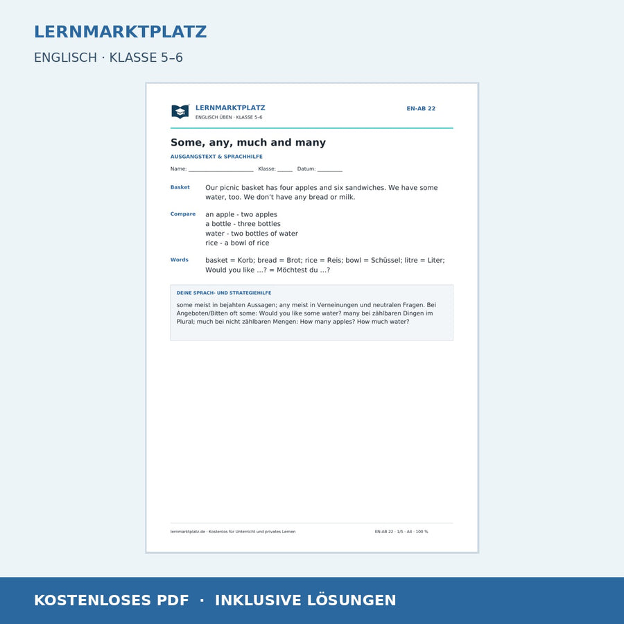 Englisch: Some, any, much und many – kostenloses Arbeitsblatt mit Lösungen (PDF)