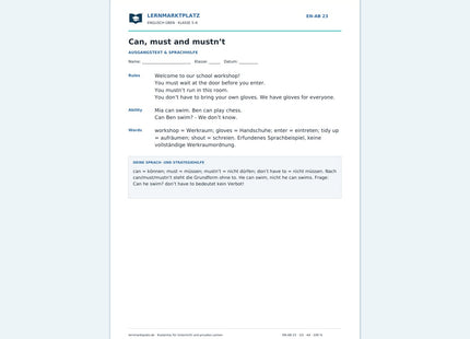 Englisch: Can, must und mustn’t – kostenloses Arbeitsblatt mit Lösungen (PDF)