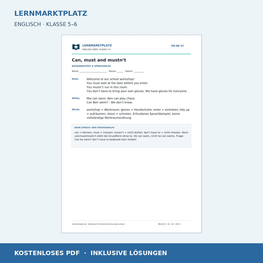 Englisch: Can, must und mustn’t – kostenloses Arbeitsblatt mit Lösungen (PDF)