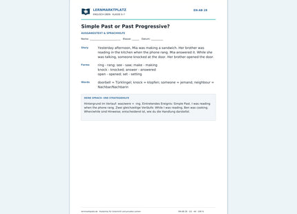 Englisch: Simple Past oder Past Progressive – kostenloses Arbeitsblatt mit Lösungen (PDF)
