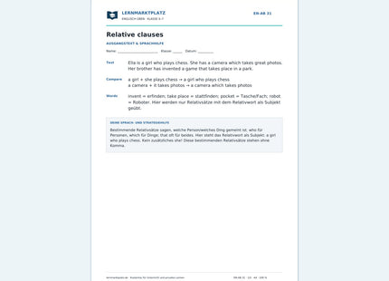Englisch: Relativsätze mit who, which und that – kostenloses Arbeitsblatt mit Lösungen (PDF)