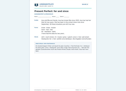 Englisch: Present Perfect mit for und since – kostenloses Arbeitsblatt mit Lösungen (PDF)