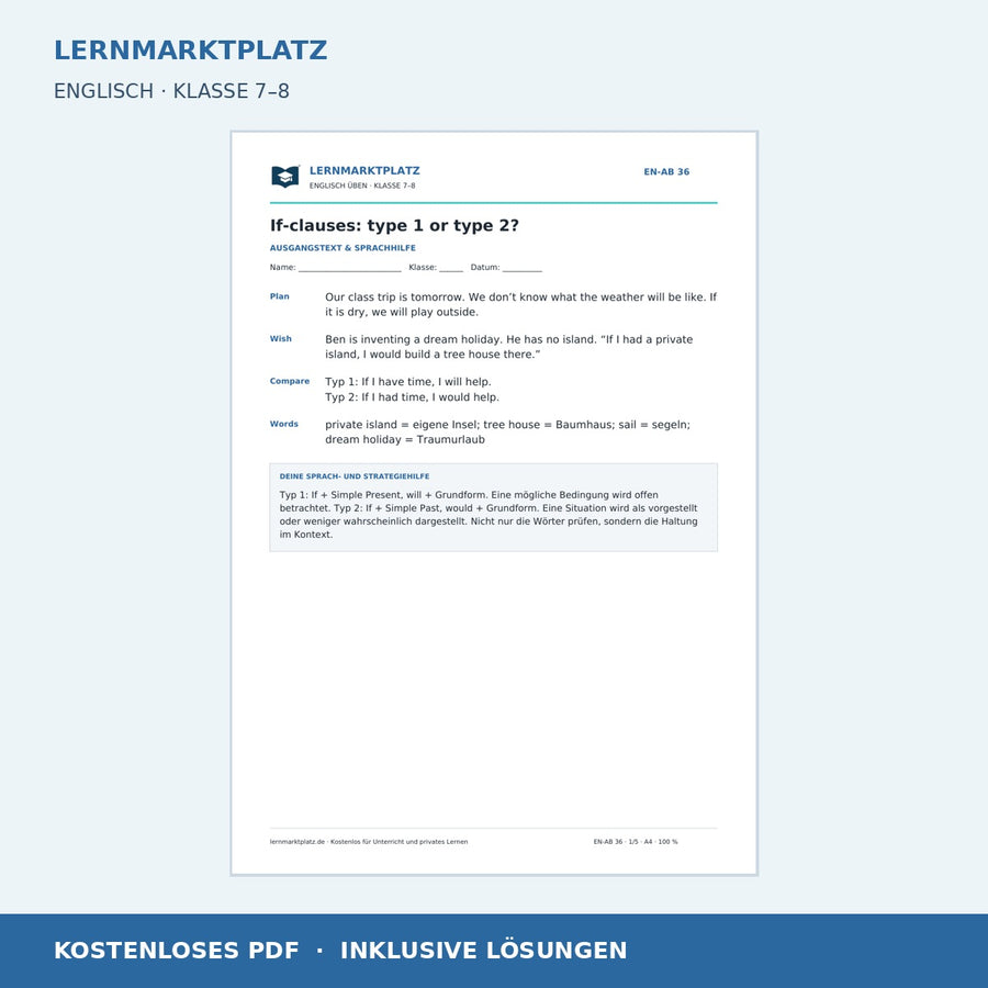 Englisch: If-Sätze Typ 1 oder 2 – kostenloses Arbeitsblatt mit Lösungen (PDF)