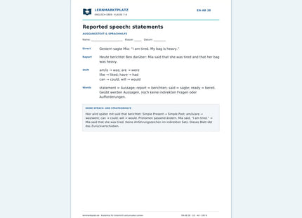 Englisch: Indirekte Rede: Aussagen – kostenloses Arbeitsblatt mit Lösungen (PDF)