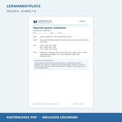 Englisch: Indirekte Rede: Aussagen – kostenloses Arbeitsblatt mit Lösungen (PDF)