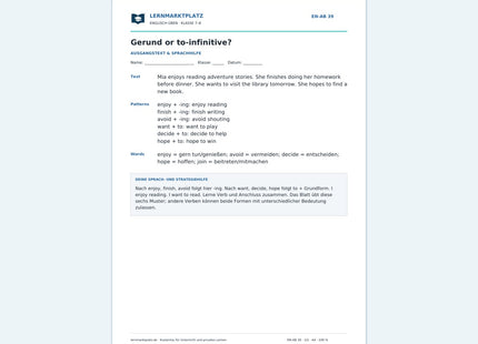 Englisch: Gerund oder to-Infinitiv – kostenloses Arbeitsblatt mit Lösungen (PDF)