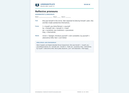 Englisch: Reflexivpronomen üben – kostenloses Arbeitsblatt mit Lösungen (PDF)