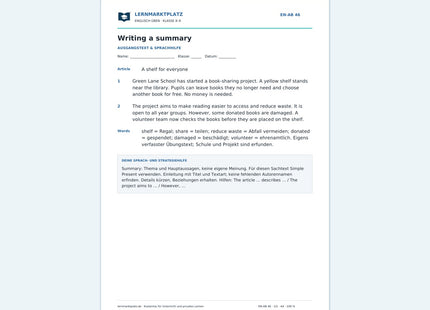 Englisch: Eine Summary schreiben – kostenloses Arbeitsblatt mit Lösungen (PDF)