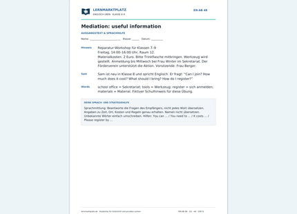 Englisch: Sprachmittlung Deutsch–Englisch für Klasse 8–9 – kostenloses Arbeitsblatt mit Lösungen (PDF)