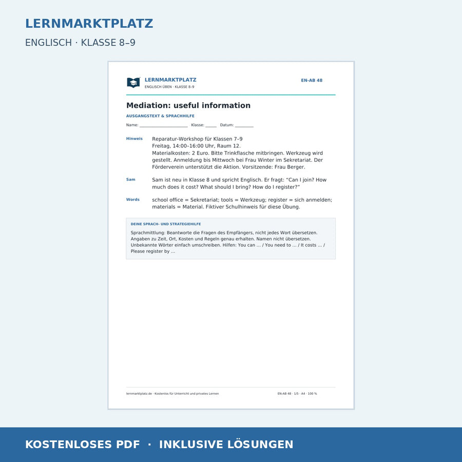 Englisch: Sprachmittlung Deutsch–Englisch für Klasse 8–9 – kostenloses Arbeitsblatt mit Lösungen (PDF)