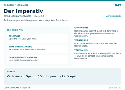 Englisch: Der Imperativ – A5-Lernkarte mit Übersicht und Selbstcheck