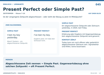 Englisch: Present Perfect oder Simple Past? – A5-Lernkarte mit Übersicht und Selbstcheck