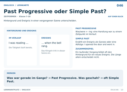 Englisch: Past Progressive oder Simple Past? – A5-Lernkarte mit Übersicht und Selbstcheck