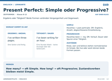 Englisch: Present Perfect: Simple oder Progressive? – A5-Lernkarte mit Übersicht und Selbstcheck