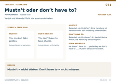Mustn’t oder don’t have to? – Englisch Lernkarte A5