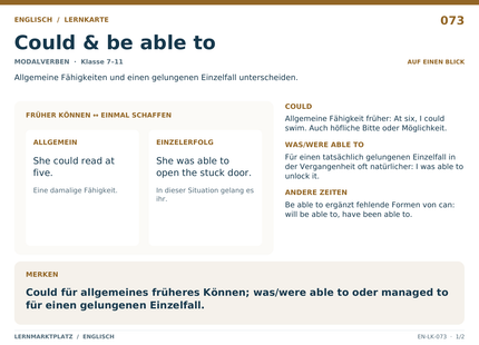 Englisch: Could & be able to – A5-Lernkarte mit Übersicht und Selbstcheck