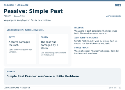 Englisch: Passive: Simple Past – A5-Lernkarte mit Übersicht und Selbstcheck