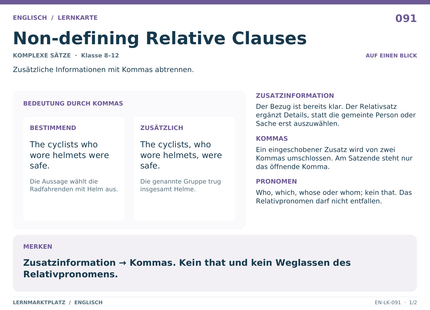 Englisch: Non-defining Relative Clauses – A5-Lernkarte mit Übersicht und Selbstcheck