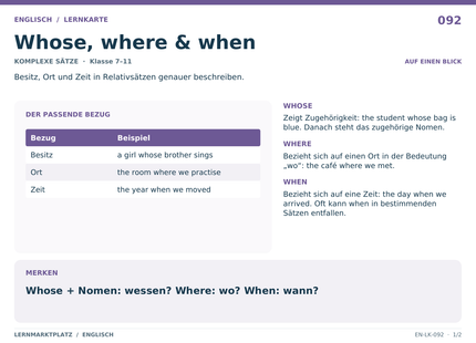 Englisch: Whose, where & when – A5-Lernkarte mit Übersicht und Selbstcheck