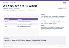 Whose, where & when – Englisch Lernkarte A5