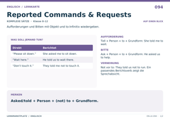 Reported Commands & Requests – Englisch Lernkarte A5