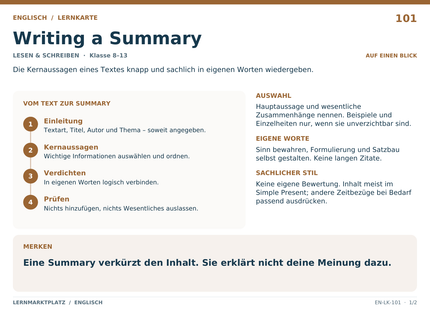 Englisch: Writing a Summary – A5-Lernkarte mit Übersicht und Selbstcheck