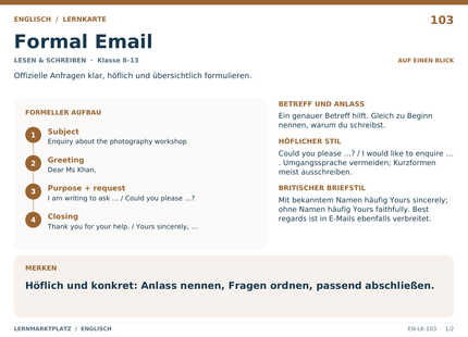 Englisch: Formal Email – A5-Lernkarte mit Übersicht und Selbstcheck